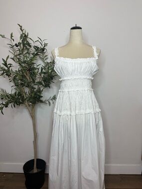 Doen White Smocked Maxi Dress with Ruffle Straps